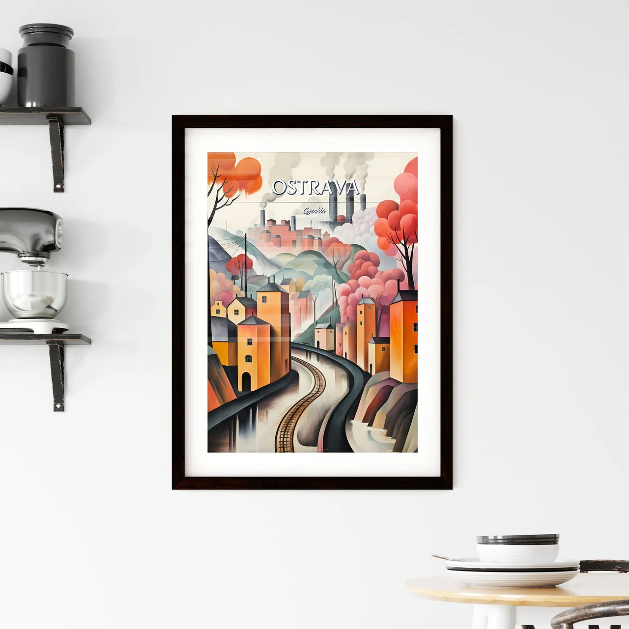 Ostrava, Czechia - Art print of a painting of a town with trees and smoke coming out of it Custom Print