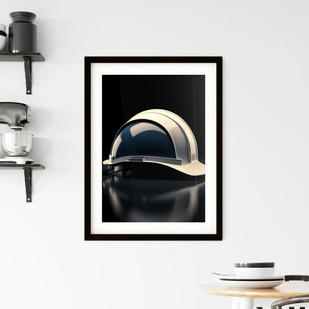 A white and blue construction hard hat - Art Framed Print