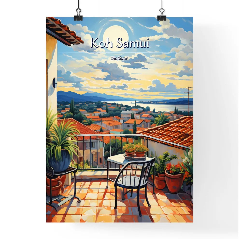On the roofs of Koh Samui, Thailand - Art print of a painting of a balcony with a view of a city and mountains Poster