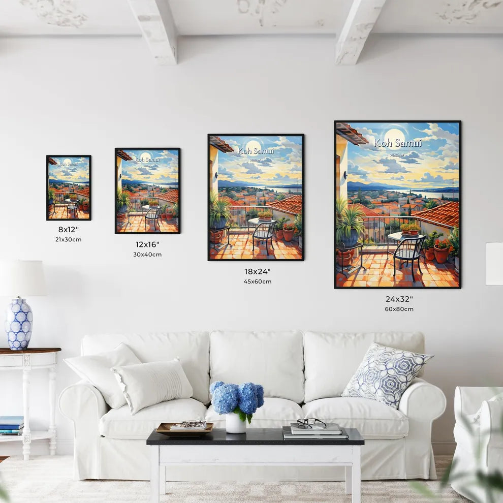 On the roofs of Koh Samui, Thailand - Art print of a painting of a balcony with a view of a city and mountains Size Chart