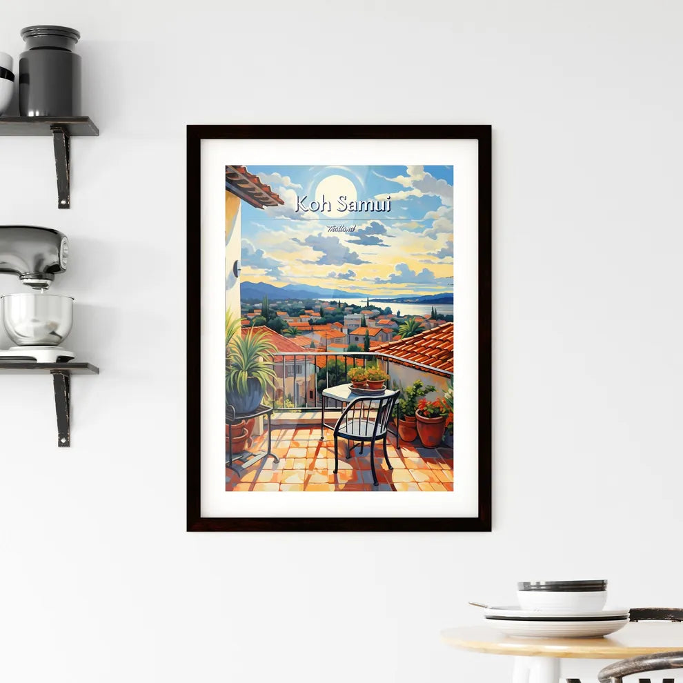 On the roofs of Koh Samui, Thailand - Art print of a painting of a balcony with a view of a city and mountains Custom Print
