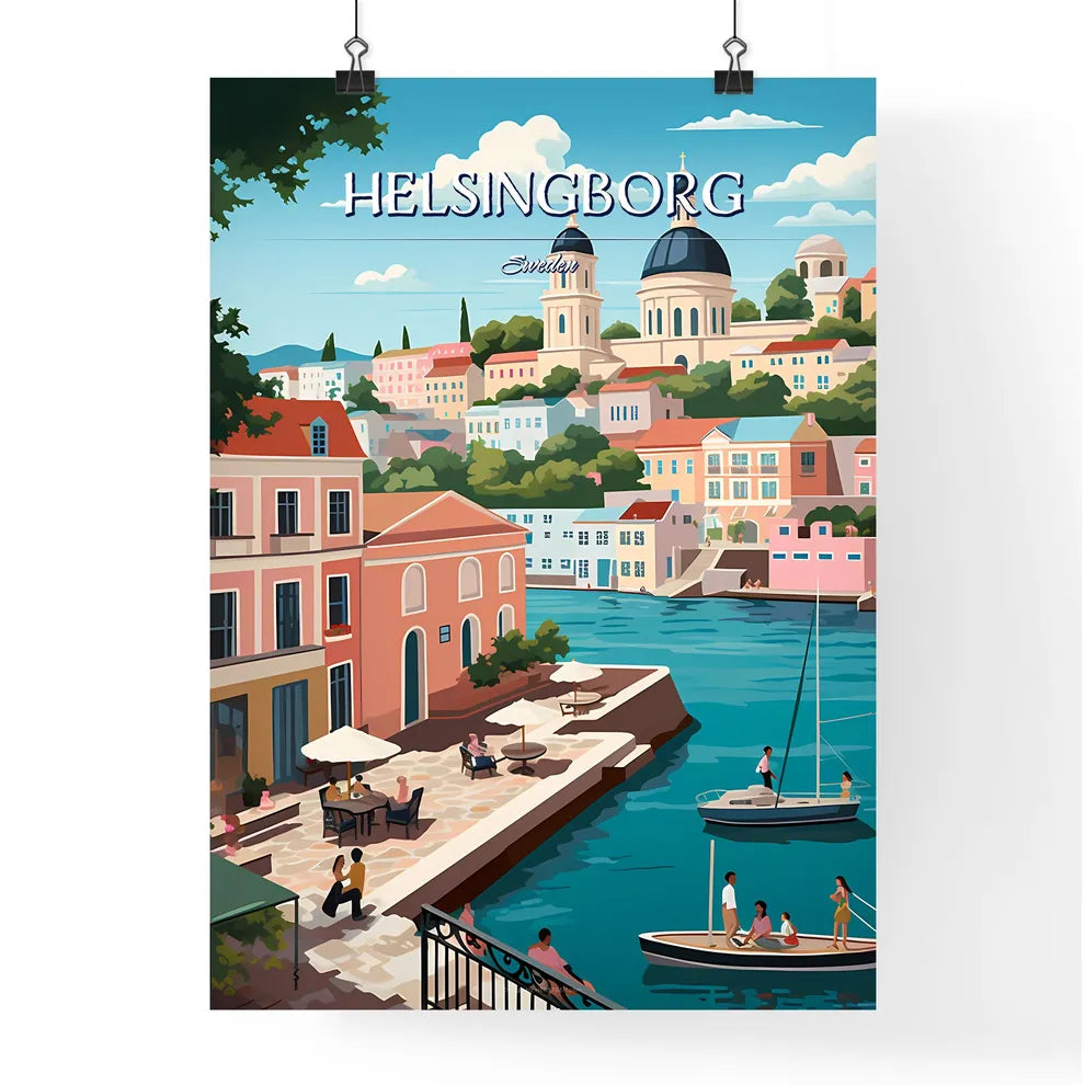 Helsingborg, Sweden, - Art print of a water way with buildings and a boat Poster