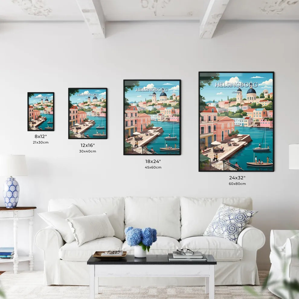 Helsingborg, Sweden, - Art print of a water way with buildings and a boat Size Chart