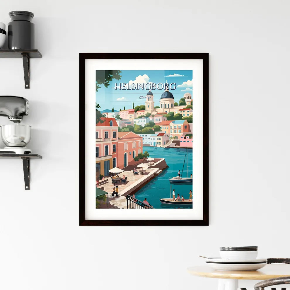 Helsingborg, Sweden, - Art print of a water way with buildings and a boat Custom Print