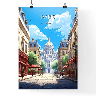 Paris, France - Art print of a street with buildings and a dome