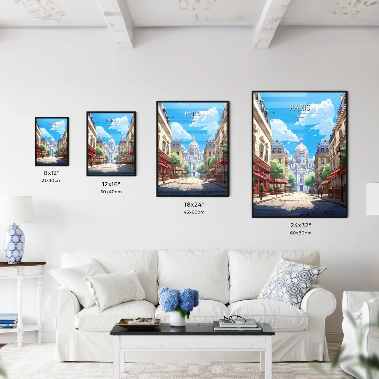Paris, France - Art print of a street with buildings and a dome Size Chart