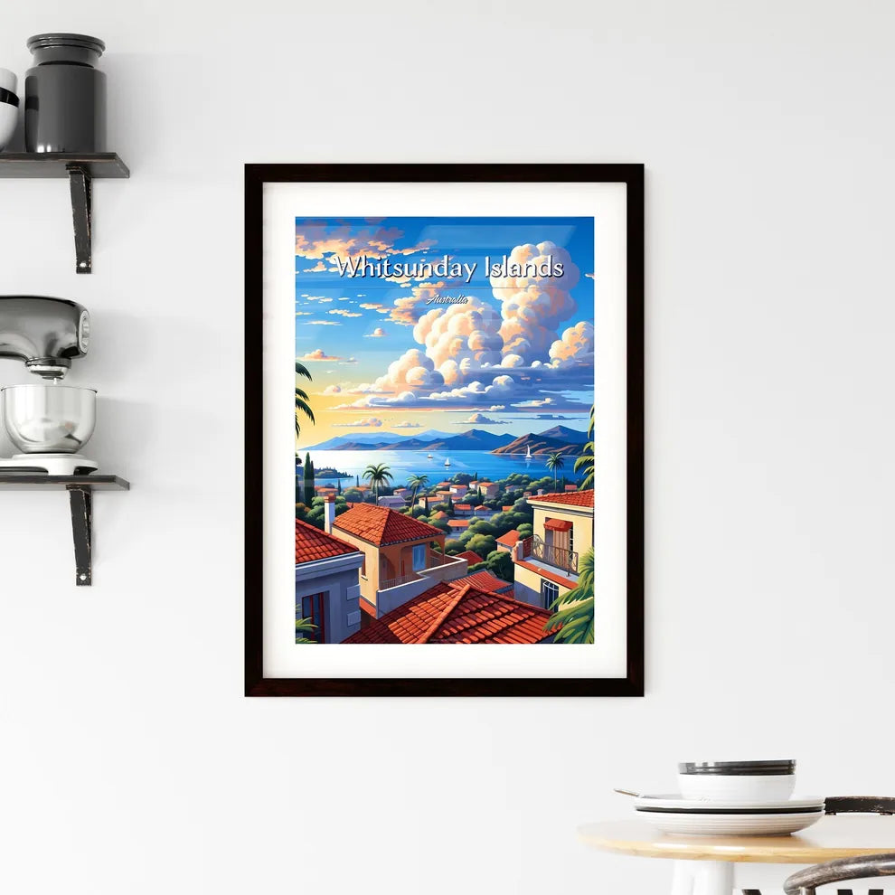 On the roofs of Whitsunday Islands, Australia - Art print of a view of a town with a body of water and mountains Custom Print
