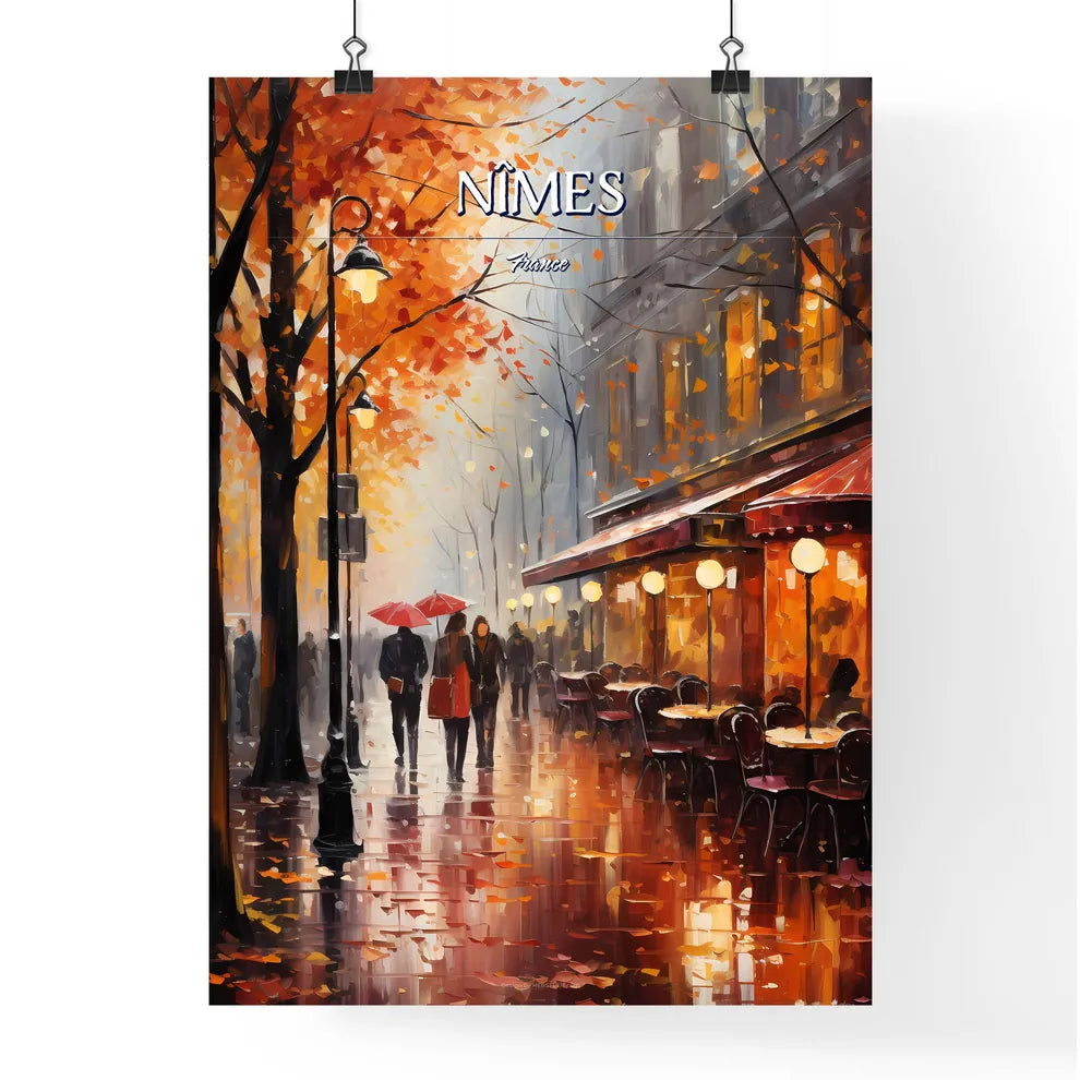Nîmes, France - Art print of a painting of people walking on a sidewalk with tables and chairs Poster