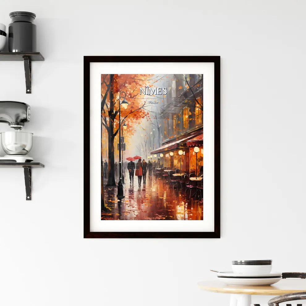 Nîmes, France - Art print of a painting of people walking on a sidewalk with tables and chairs Custom Print