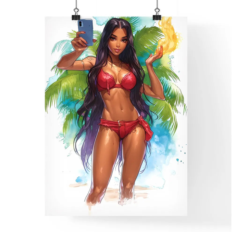 Surprised woman with beautiful legs taking p Poster