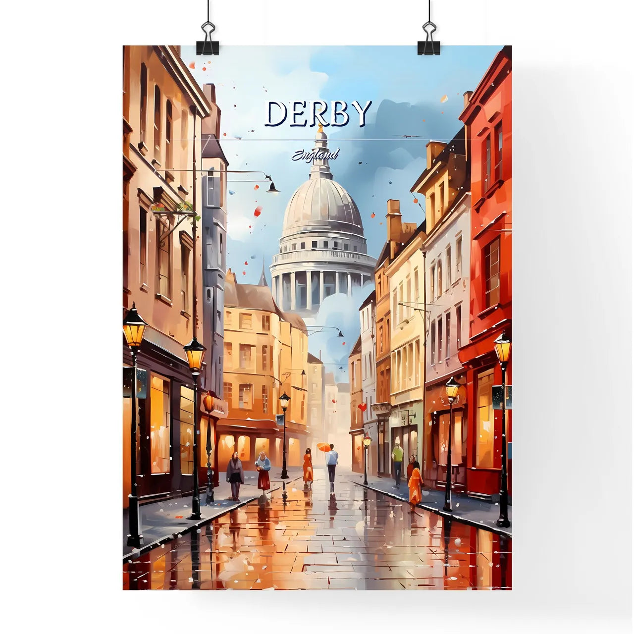 Derby, England - Art print of a street with buildings and a dome in the background Poster