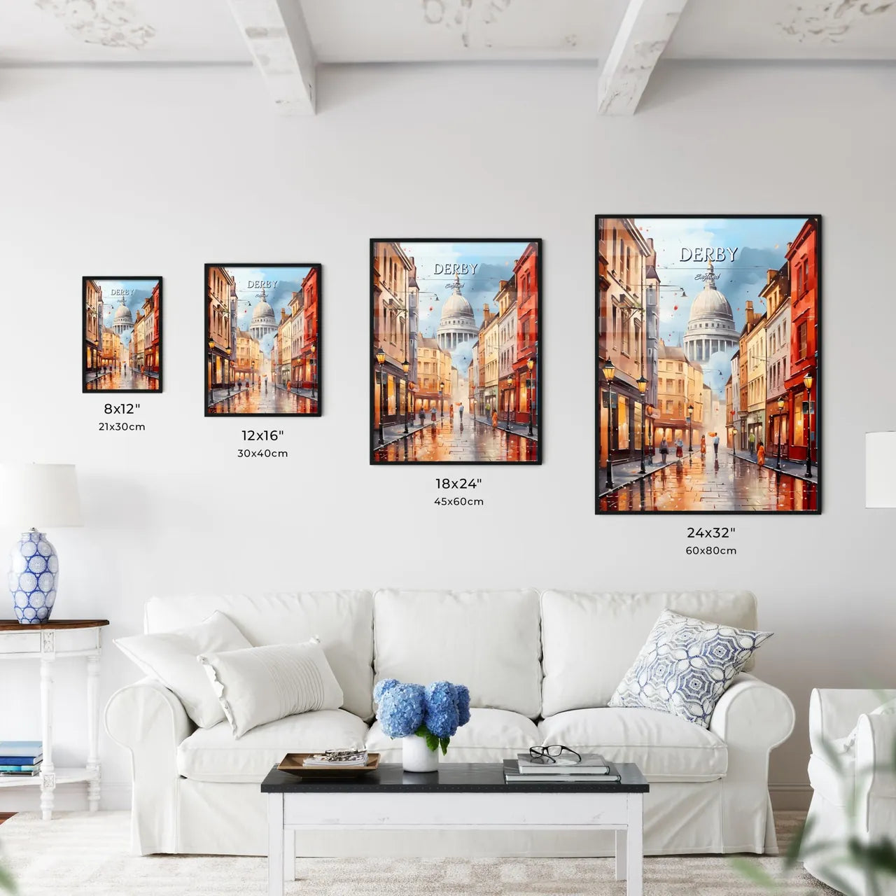 Derby, England - Art print of a street with buildings and a dome in the background Size Chart