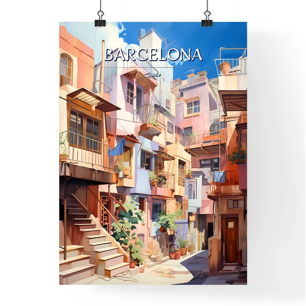 Barcelona, Spain - Art print of a colorful buildings with stairs and balconies Poster