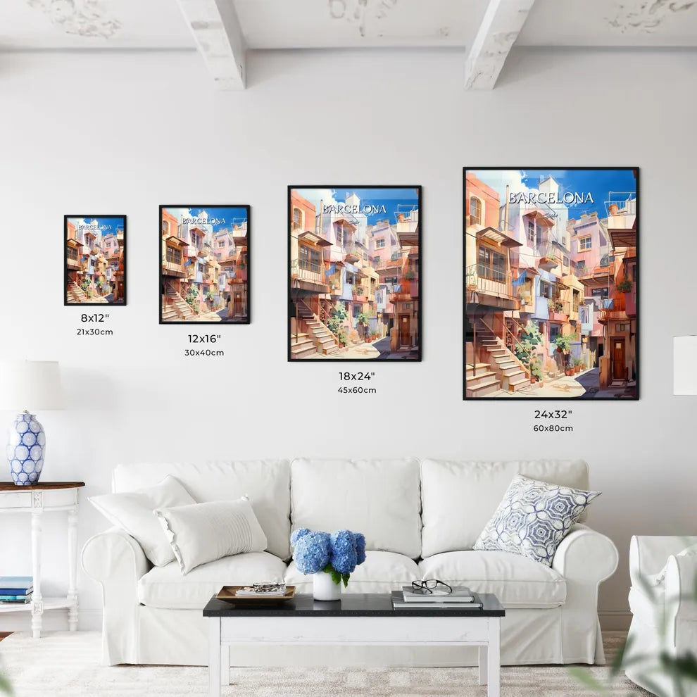 Barcelona, Spain - Art print of a colorful buildings with stairs and balconies Size Chart