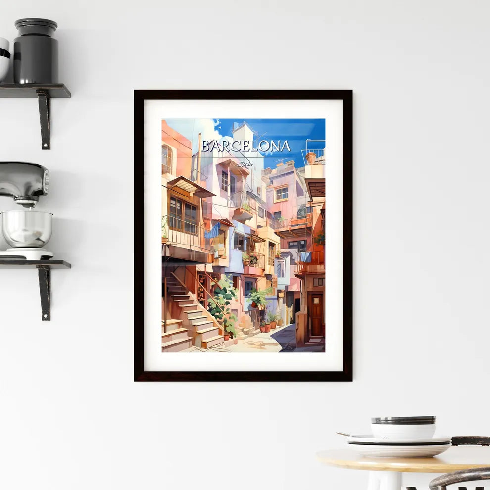 Barcelona, Spain - Art print of a colorful buildings with stairs and balconies Custom Print