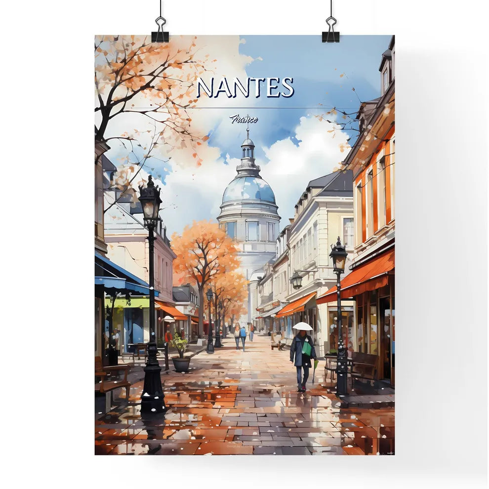 Nantes, France - Art print of a street with people walking on it Poster