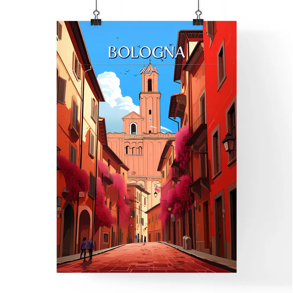 Bologna, Italy - Art print of a street with buildings and a tower Poster