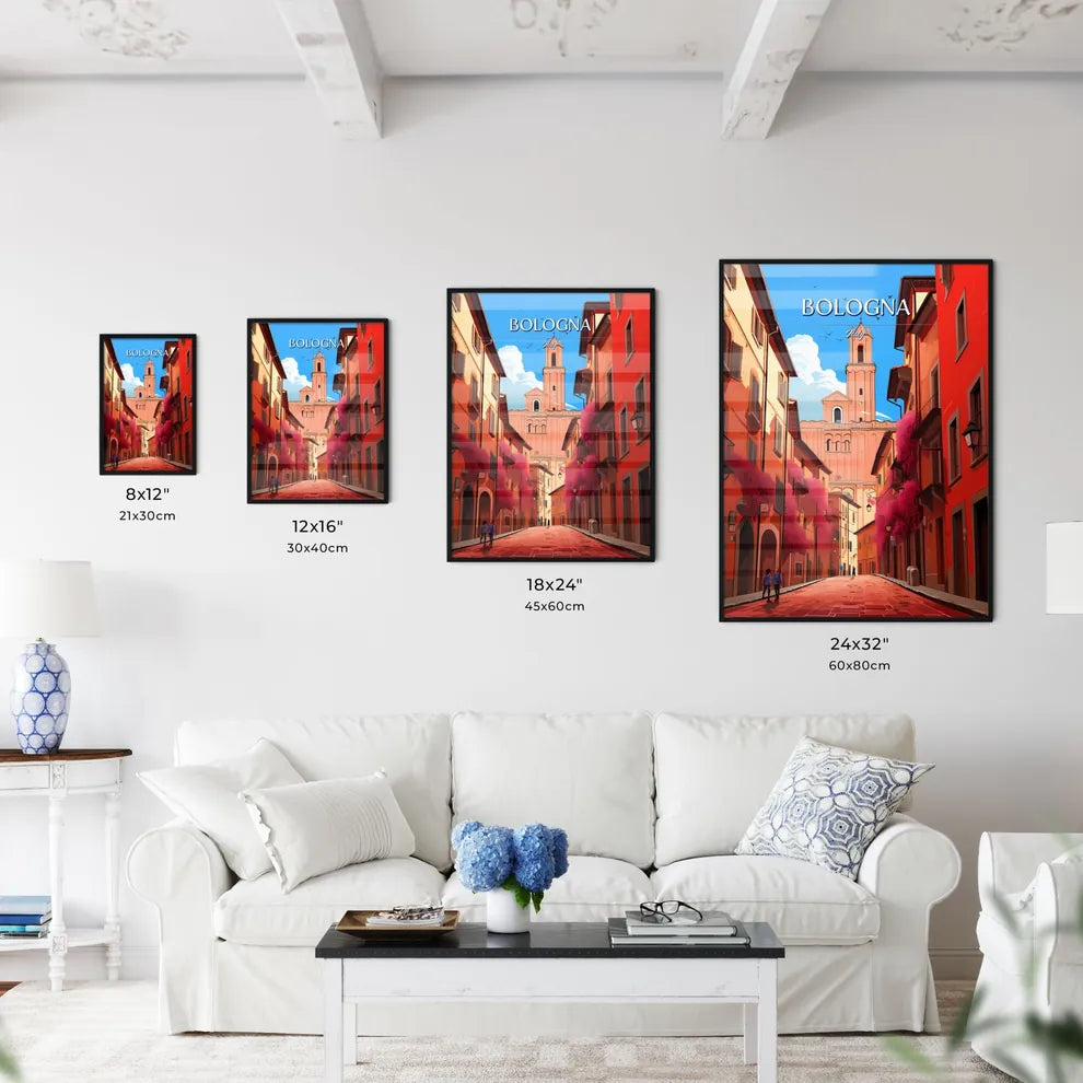 Bologna, Italy - Art print of a street with buildings and a tower Size Chart