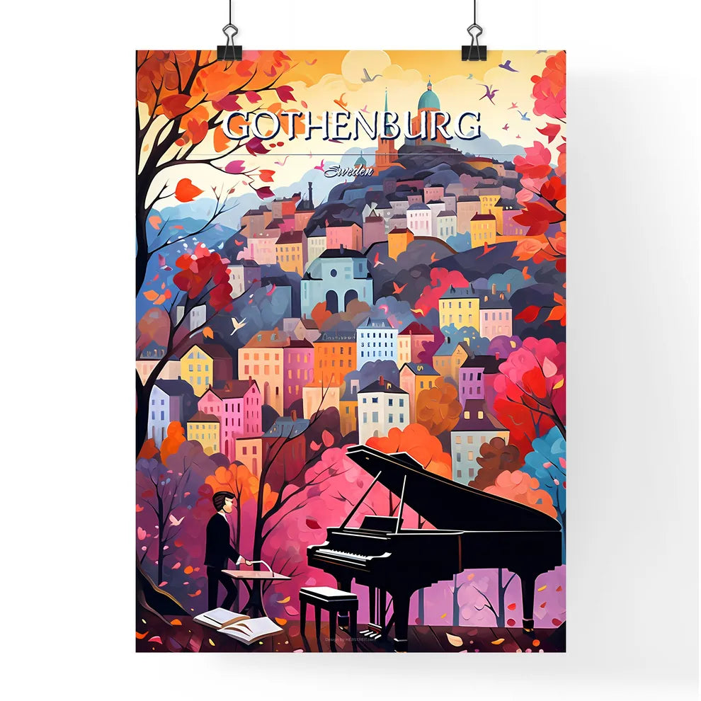 Gothenburg, Sweden, - Art print of a man playing piano in a city Poster