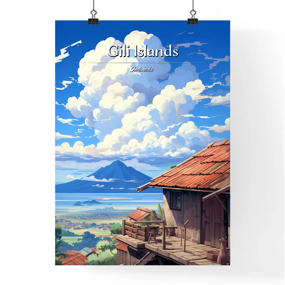 On the roofs of Gili Islands, Indonesia - Art print of a house with a mountain in the background Poster