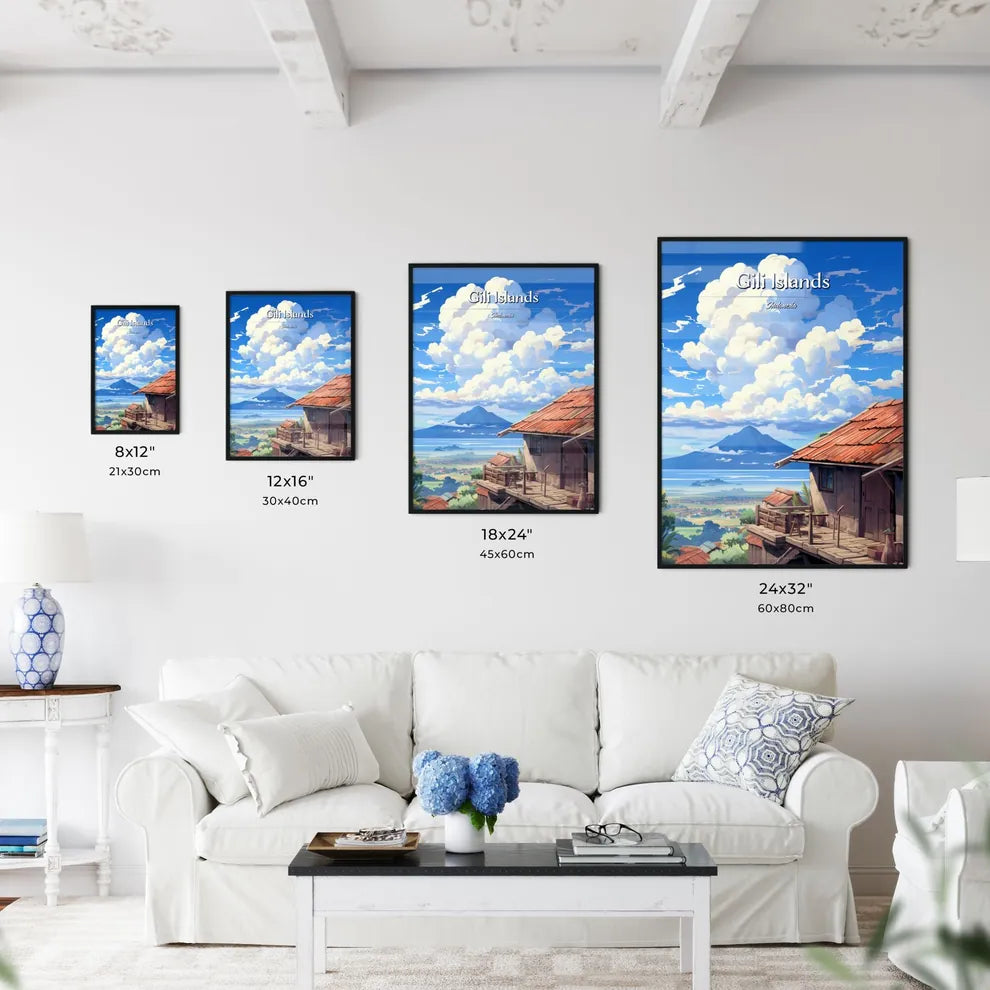 On the roofs of Gili Islands, Indonesia - Art print of a house with a mountain in the background Size Chart