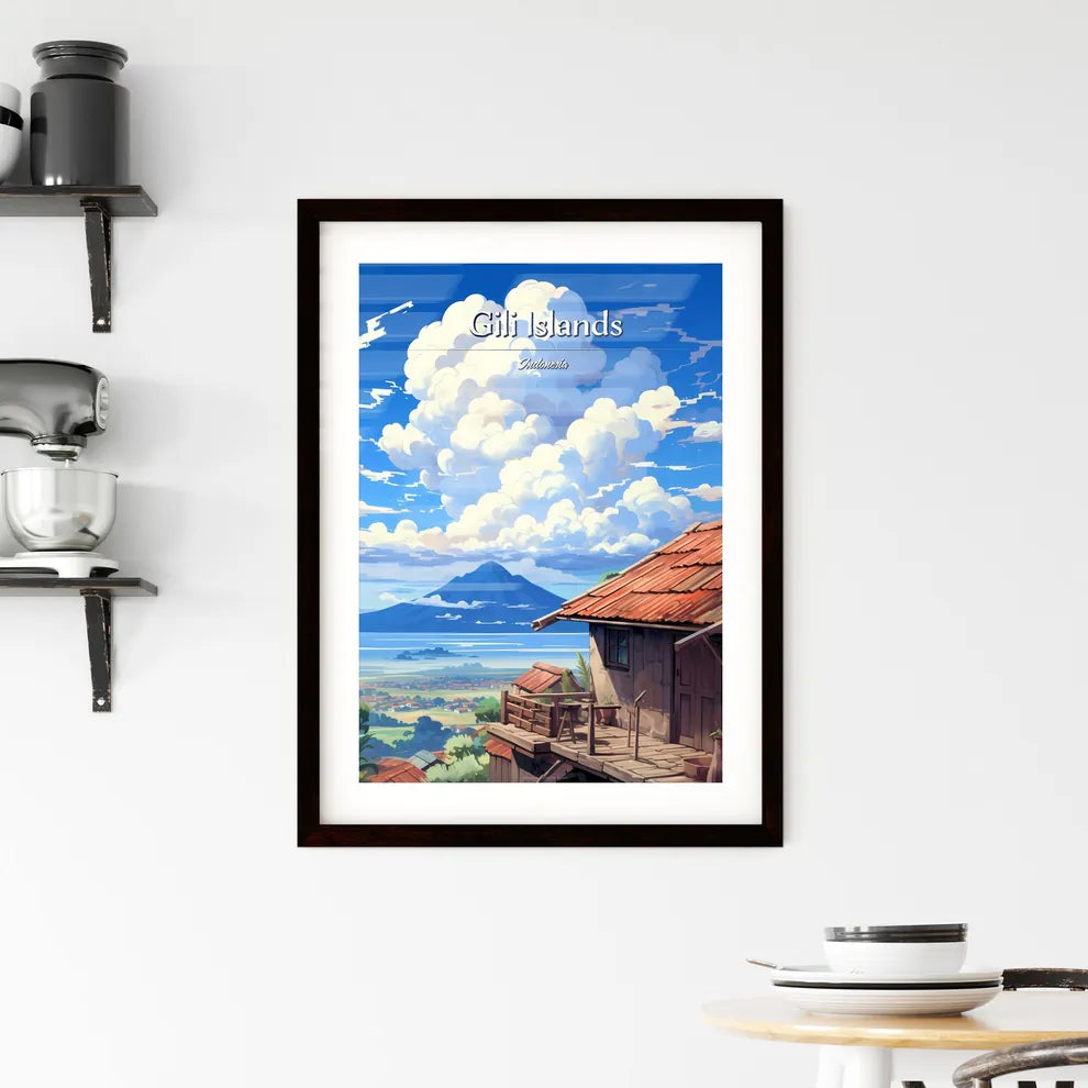 On the roofs of Gili Islands, Indonesia - Art print of a house with a mountain in the background Custom Print