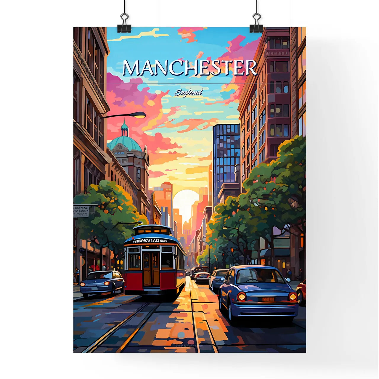 Manchester, England - Art print of a street with cars and a trolley on it Poster