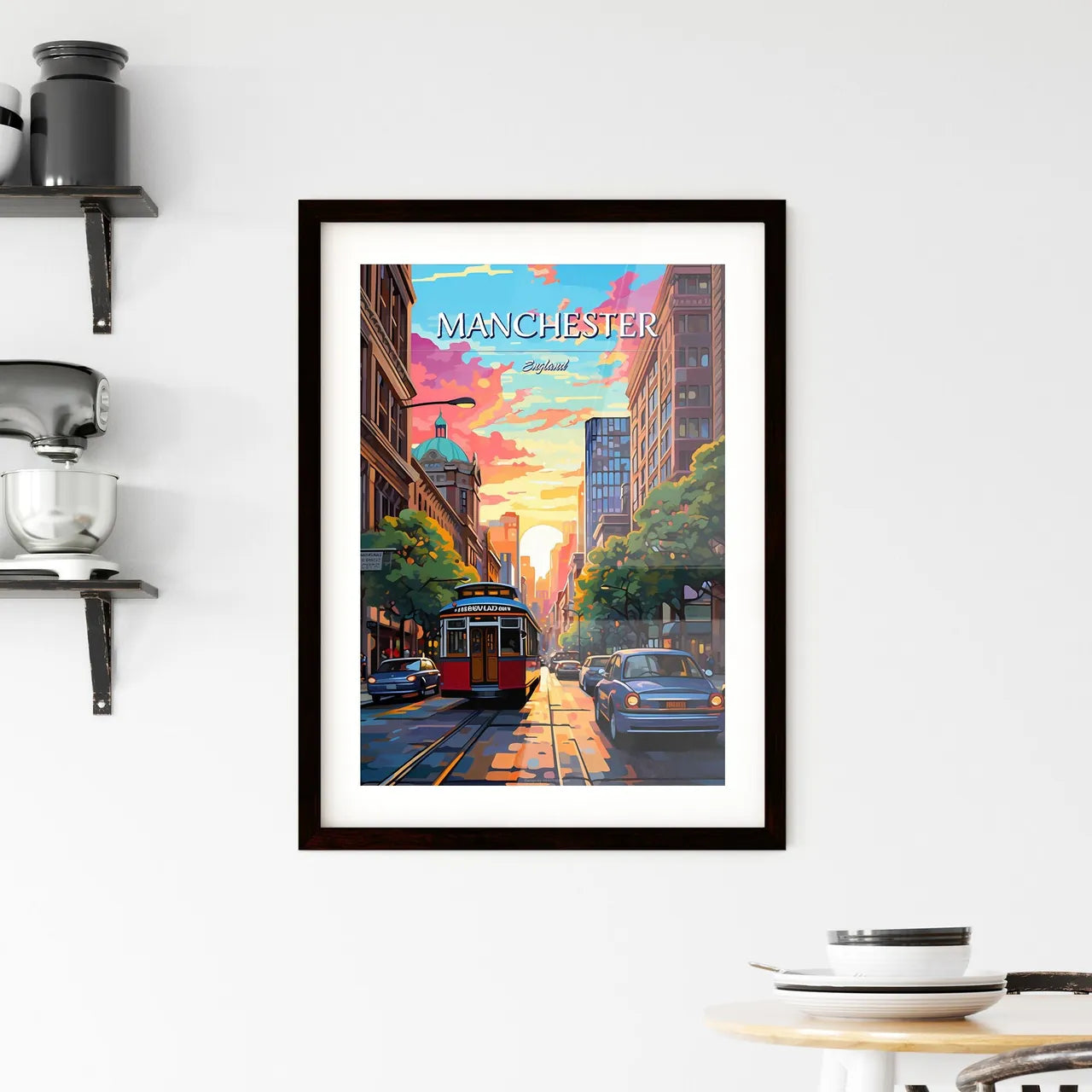 Manchester, England - Art print of a street with cars and a trolley on it Custom Print