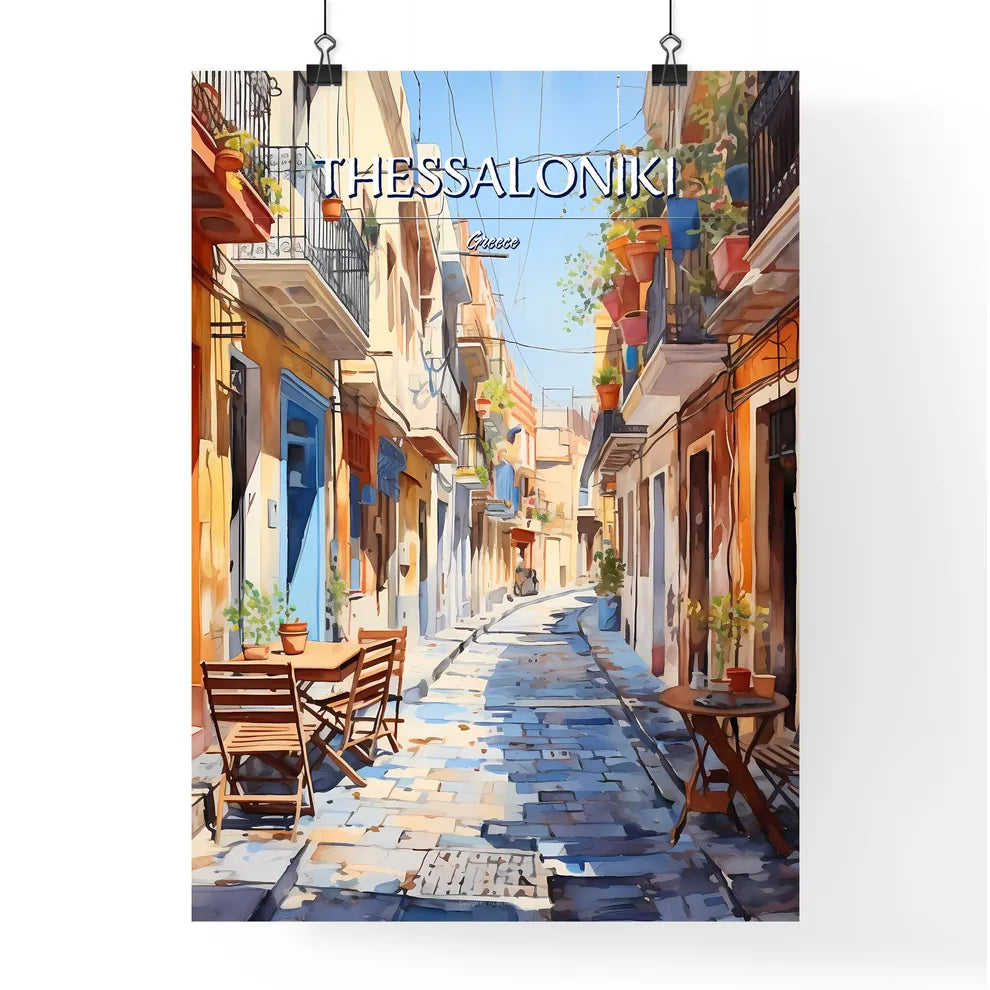 Thessaloniki, Greece - Art print of a street with tables and chairs and plants on the side Poster