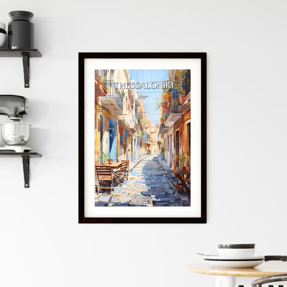 Thessaloniki, Greece - Art print of a street with tables and chairs and plants on the side Custom Print