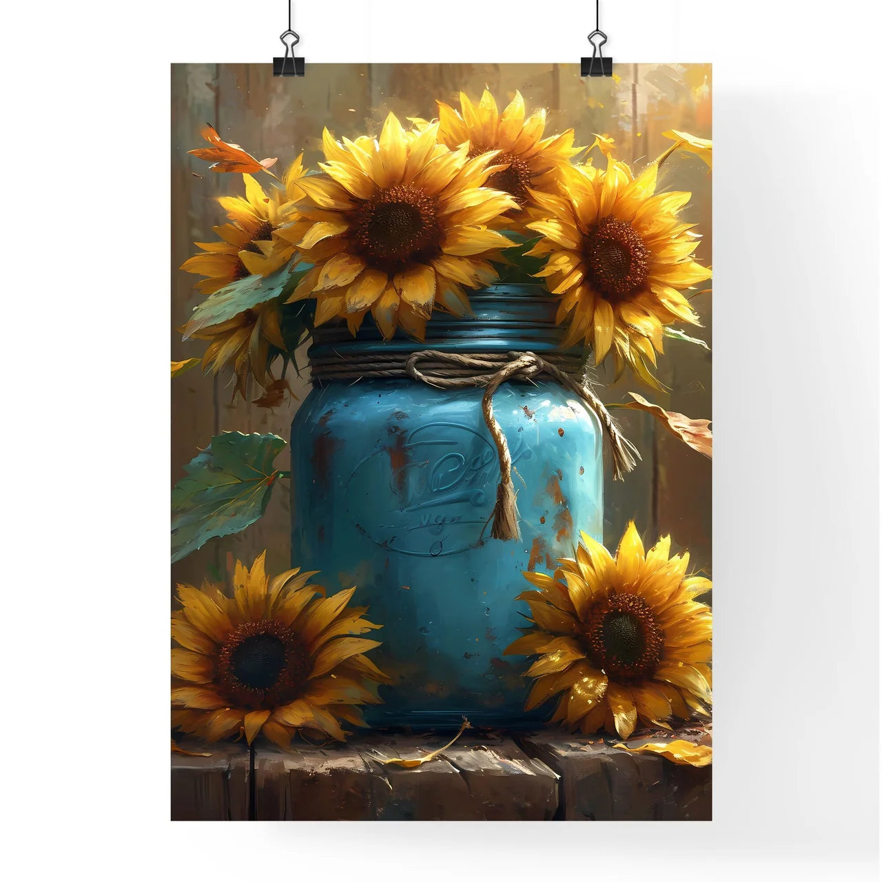 A vibrant bunch of sunflowers in a vintage j Poster