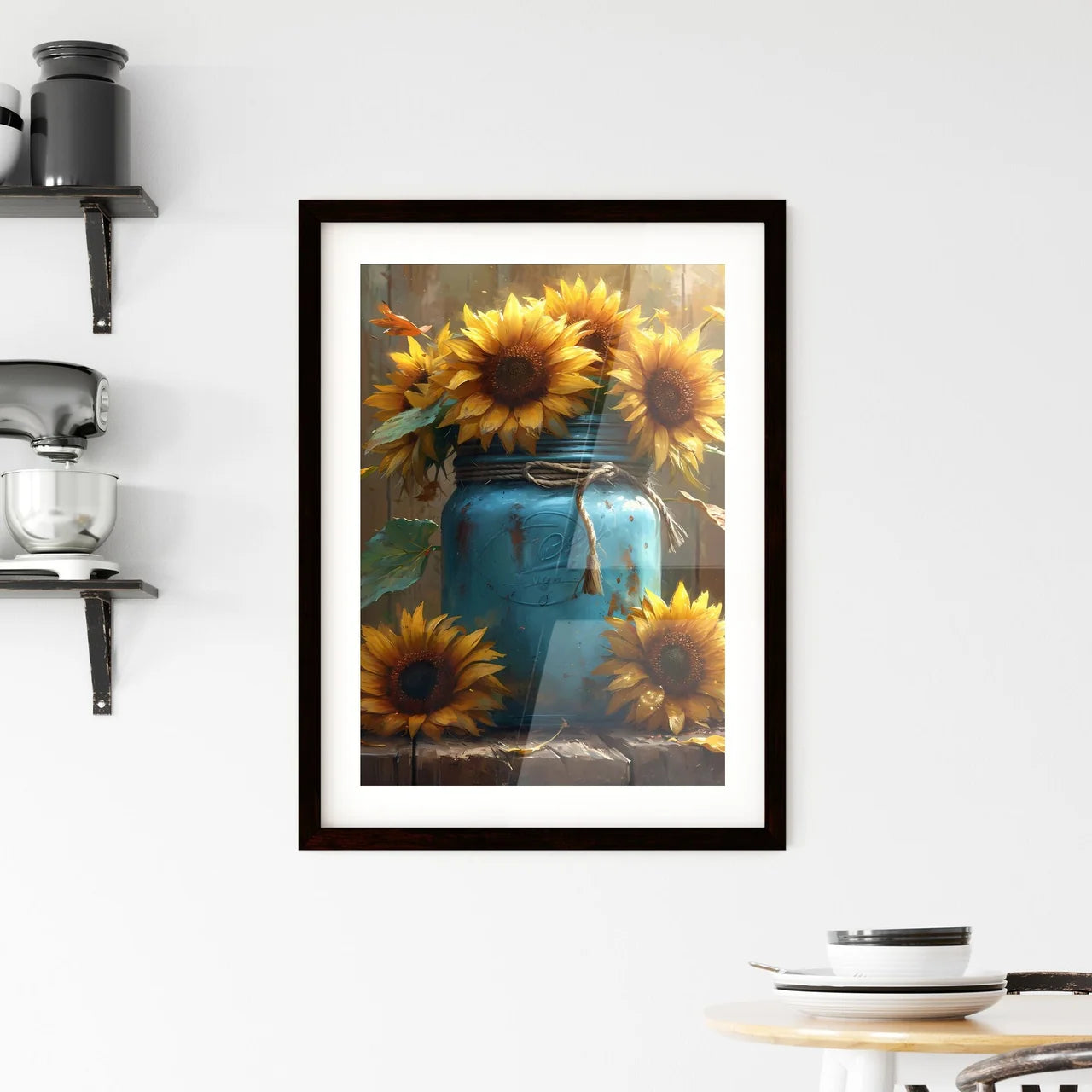 A vibrant bunch of sunflowers in a vintage j Framed Print