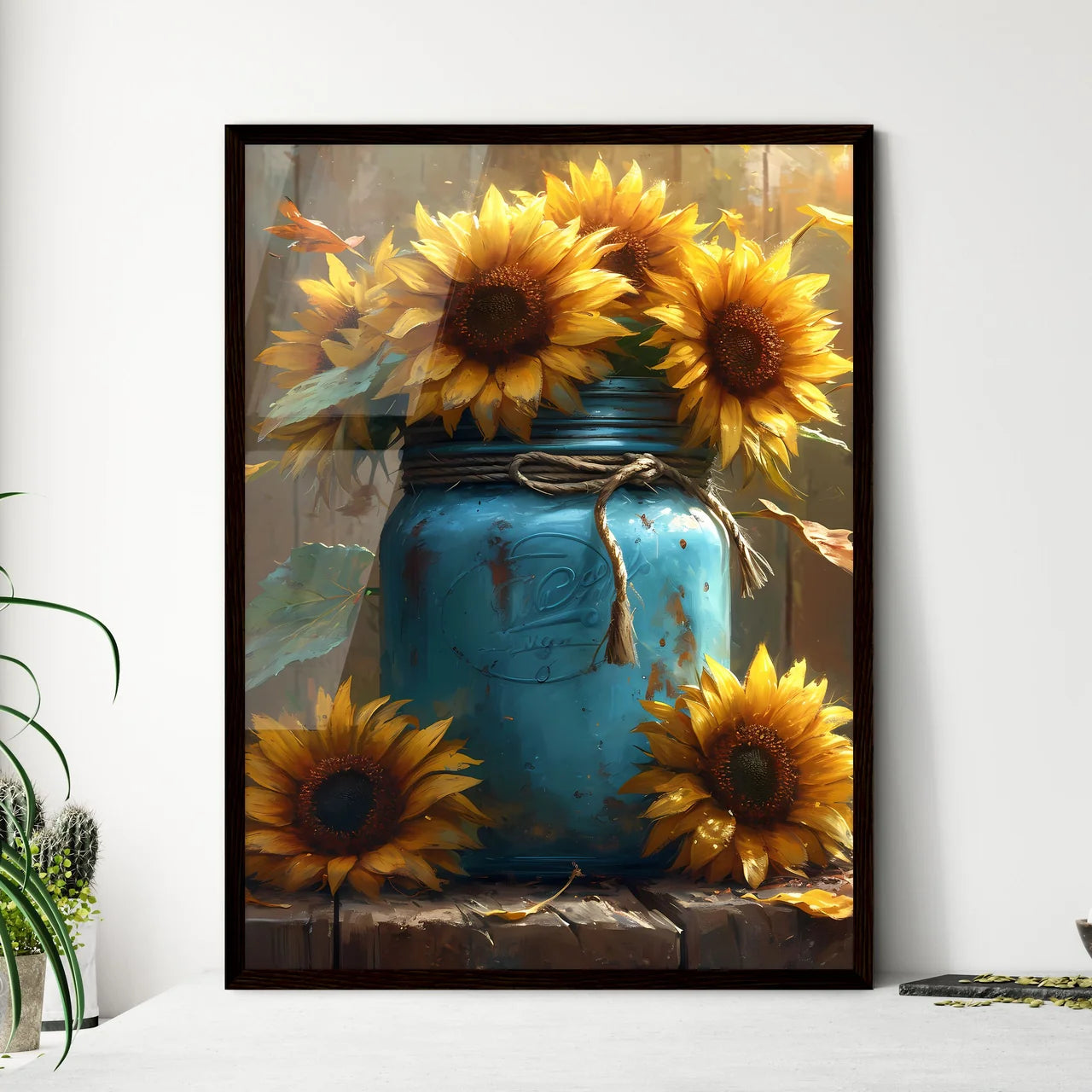 A vibrant bunch of sunflowers in a vintage j - Framed Art Print