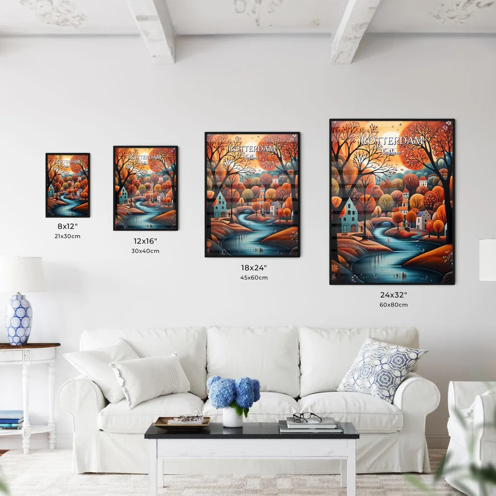Rotterdam, Netherlands - Art print of a painting of a river running through a village Size Chart
