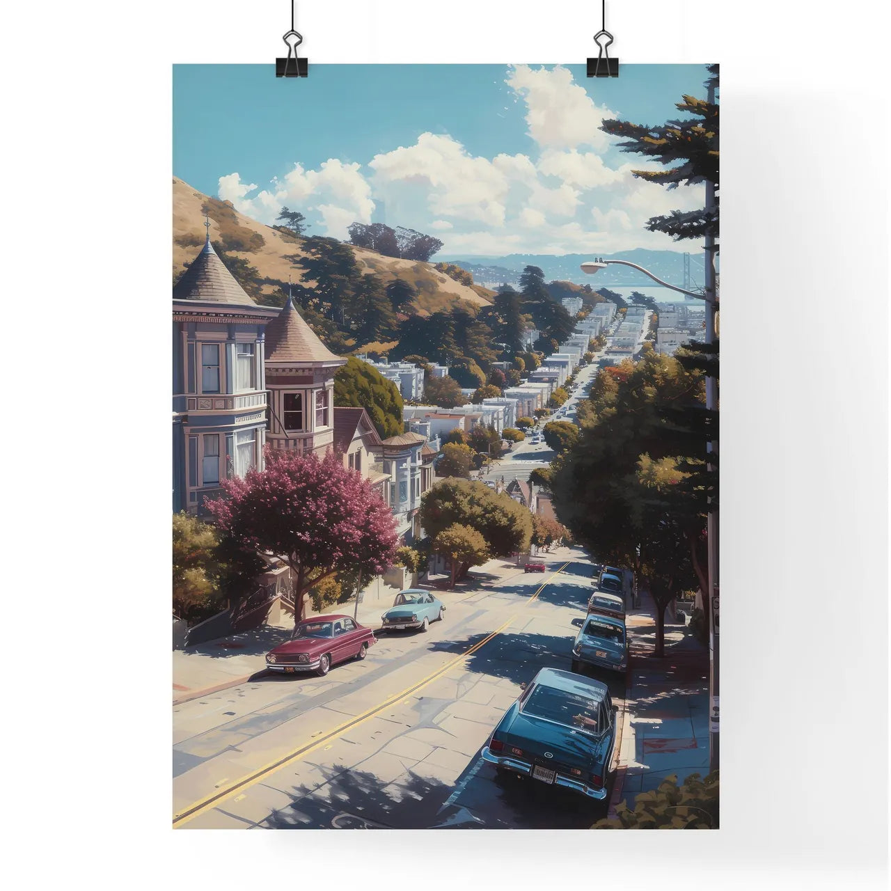 Poster of San Francisco - Art print of a street with cars and buildings on the side Poster
