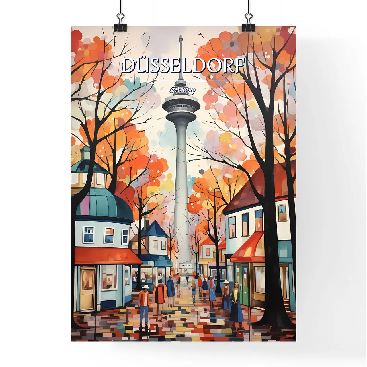 Düsseldorf, Germany - Art print of a painting of a city street with a tower in the background Poster