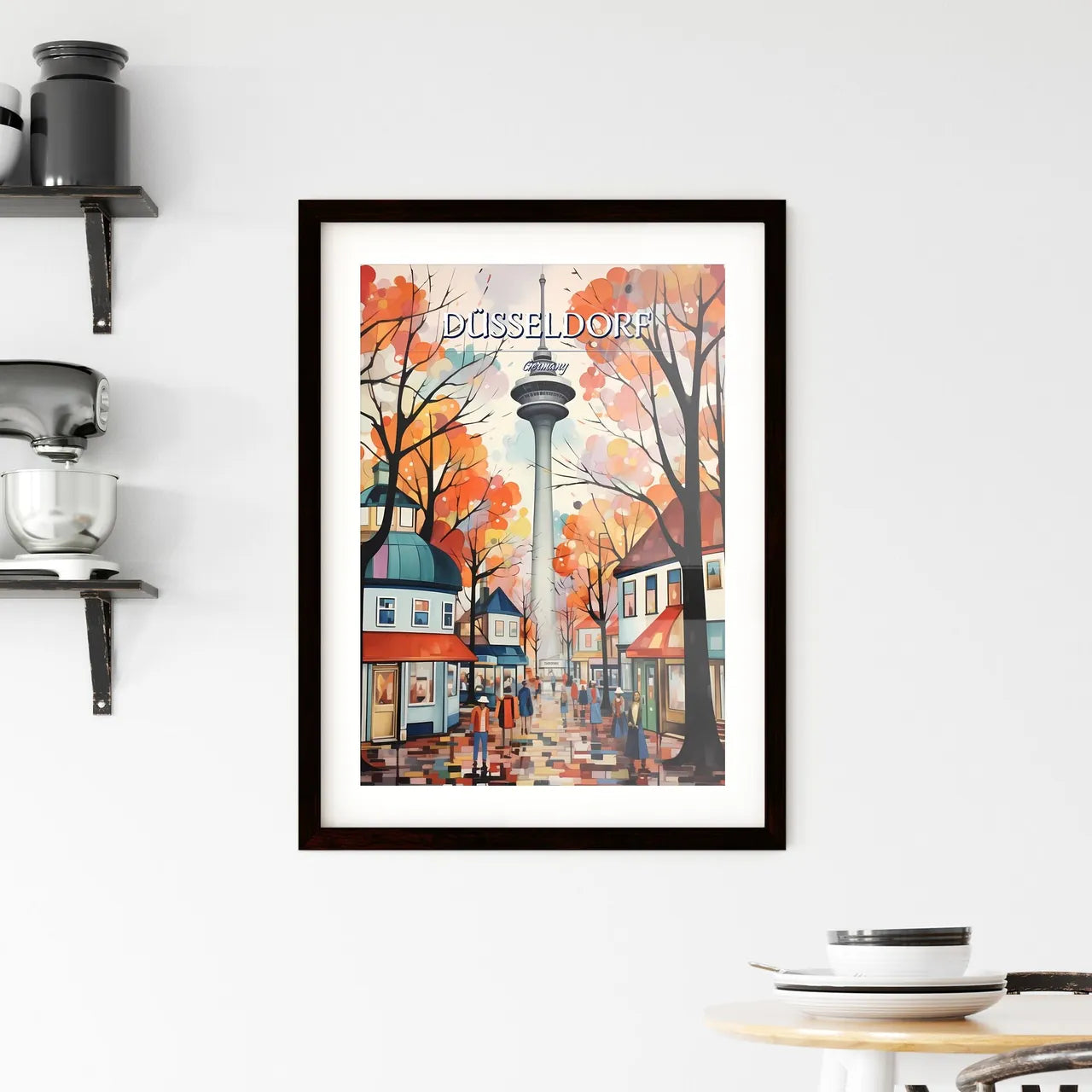 Düsseldorf, Germany - Art print of a painting of a city street with a tower in the background Custom Print