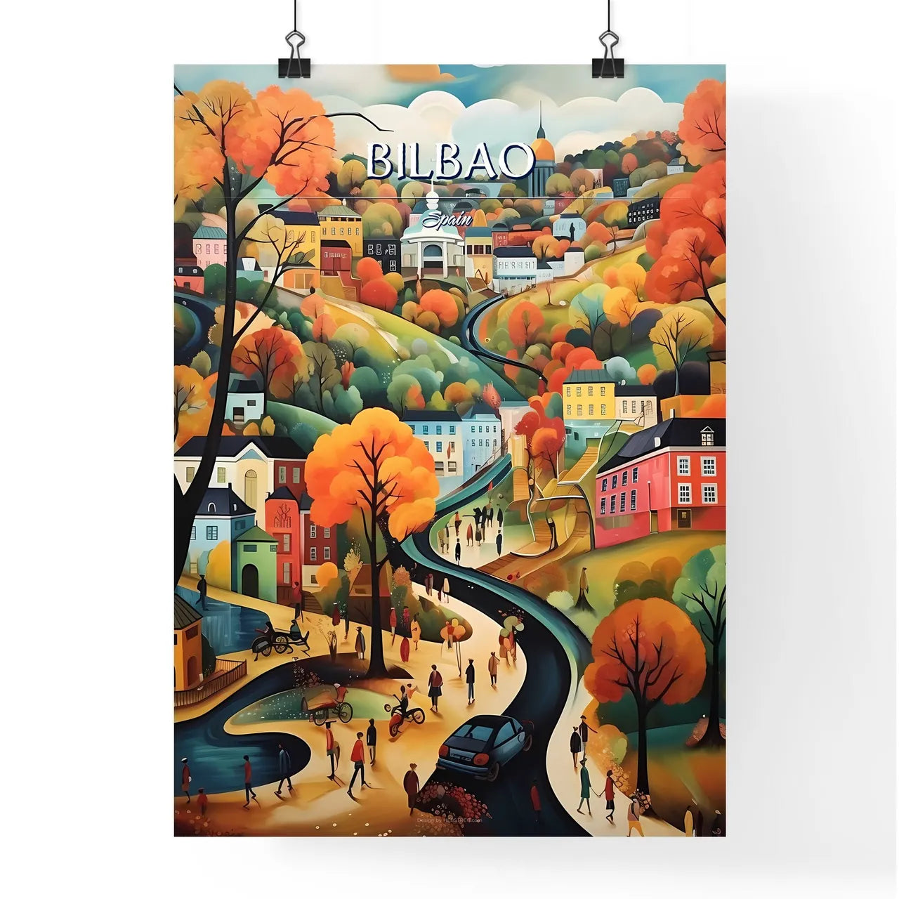 Bilbao, Spain - Art print of a painting of a town with a river and trees Poster