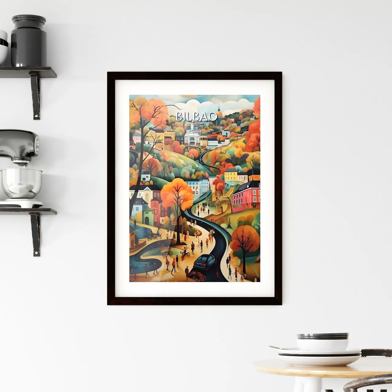 Bilbao, Spain - Art print of a painting of a town with a river and trees Custom Print