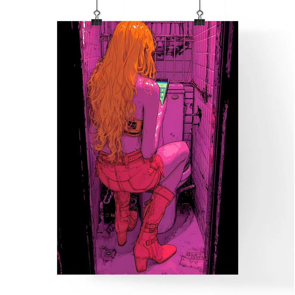 Woman sits on toilet and looks at her phone  Poster