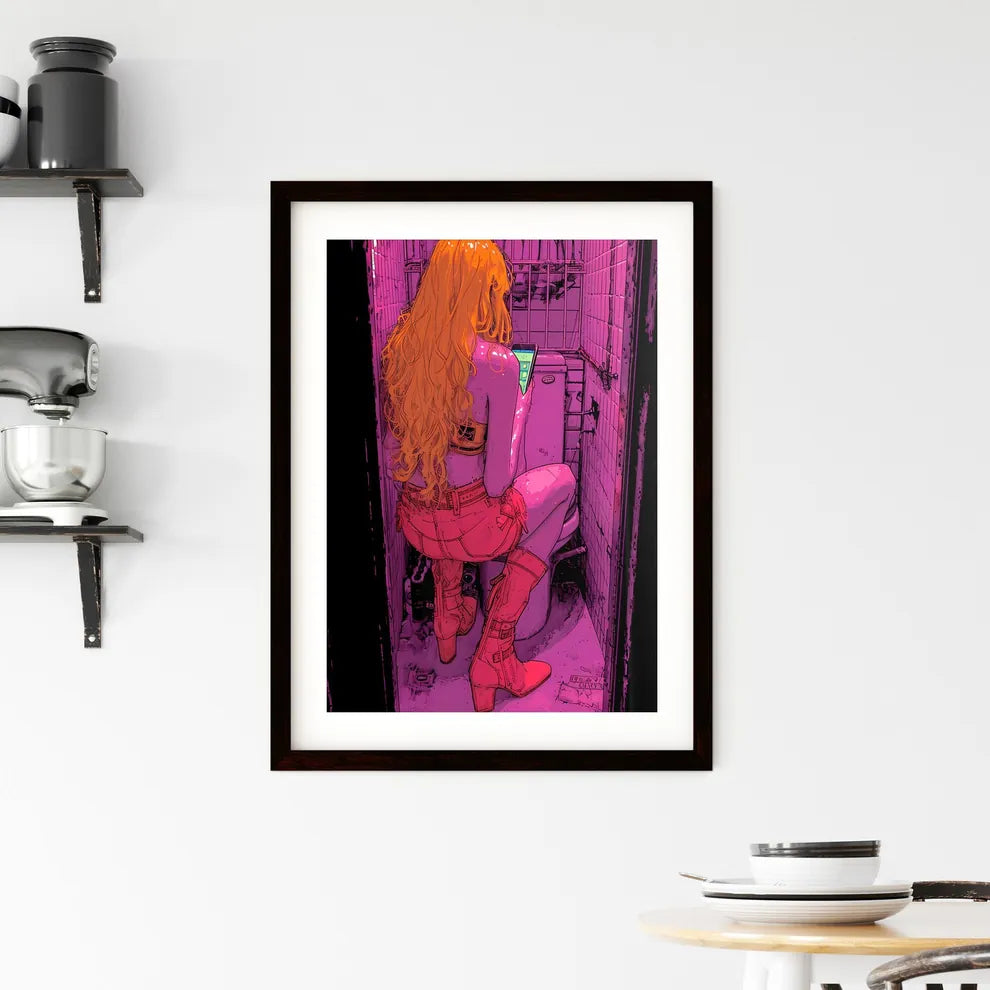 Woman sits on toilet and looks at her phone  Framed Print