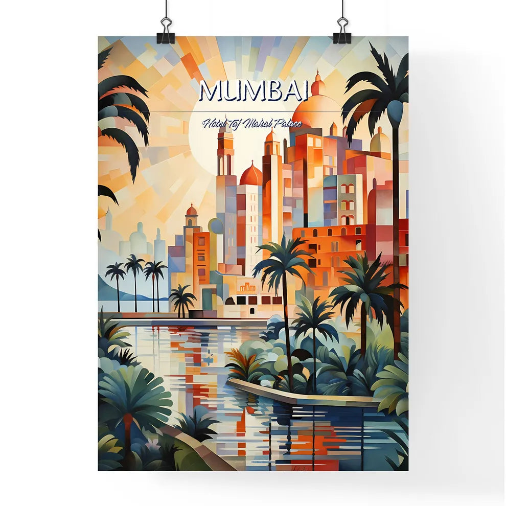 Mumbai, Hotel Taj Mahal Palace - Art print of a painting of a city with palm trees and a river Poster