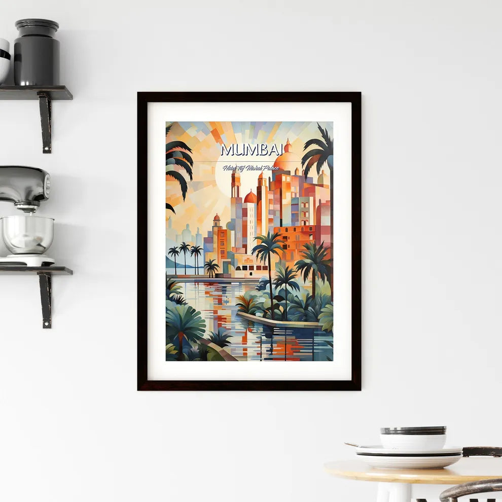 Mumbai, Hotel Taj Mahal Palace - Art print of a painting of a city with palm trees and a river Custom Print