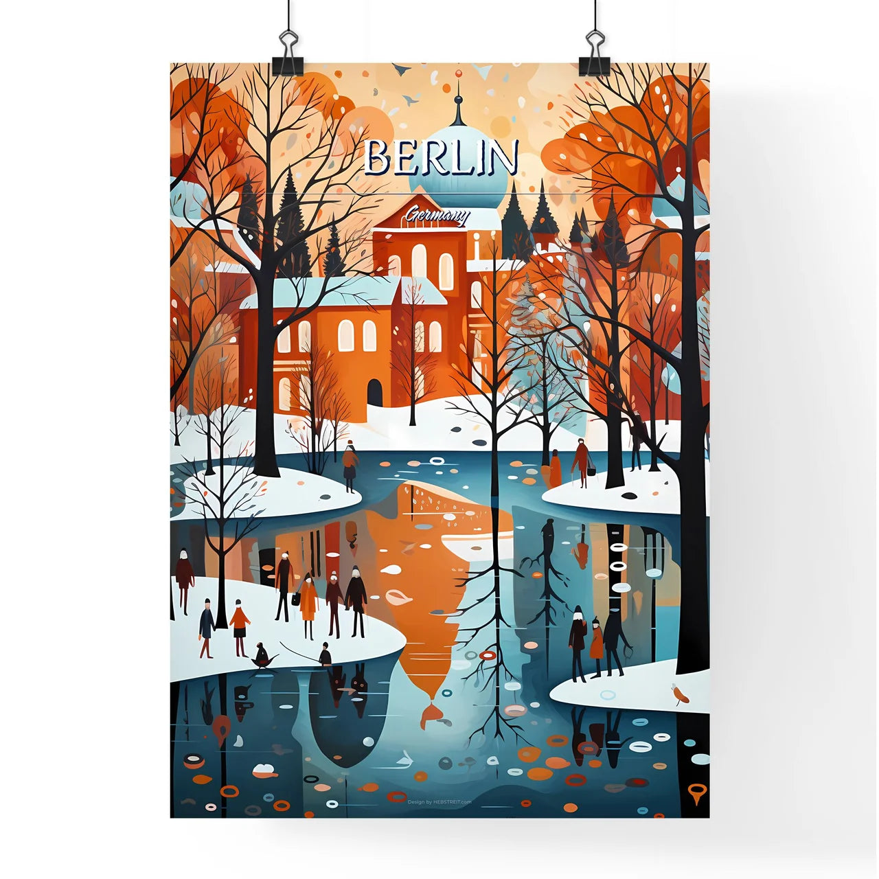 Berlin, Germany - Art print of a painting of a river with trees and buildings Poster