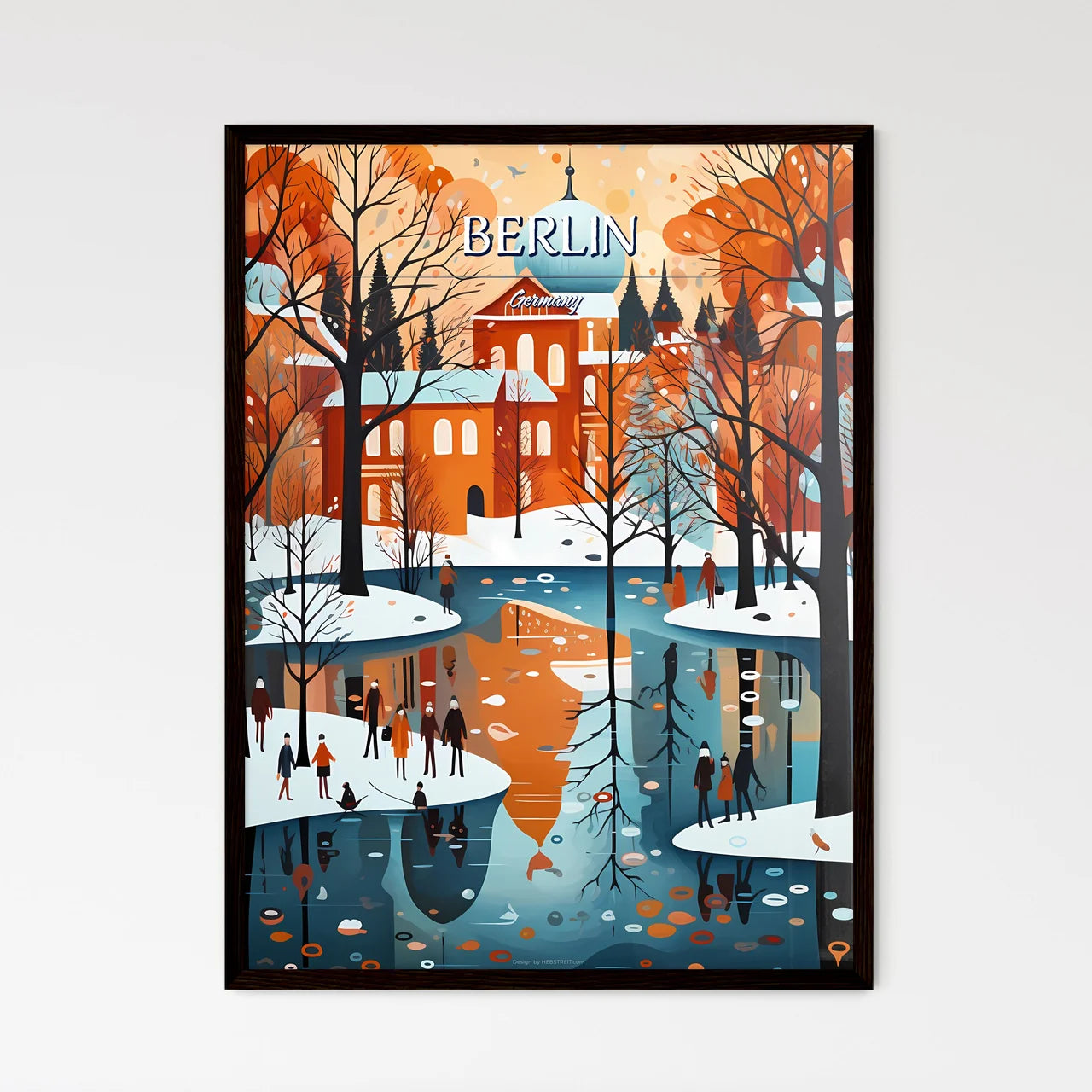 Berlin, Germany - Art print of a painting of a river with trees and buildings Framed Art