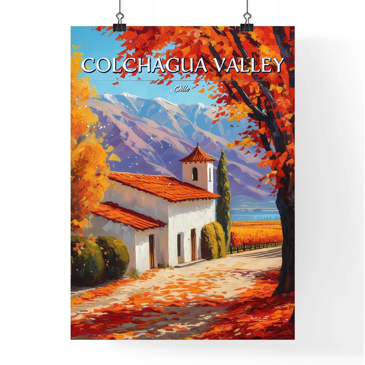 Colchagua Valley, Chile - Art print of a white building with orange leaves and trees in front of mountains Poster