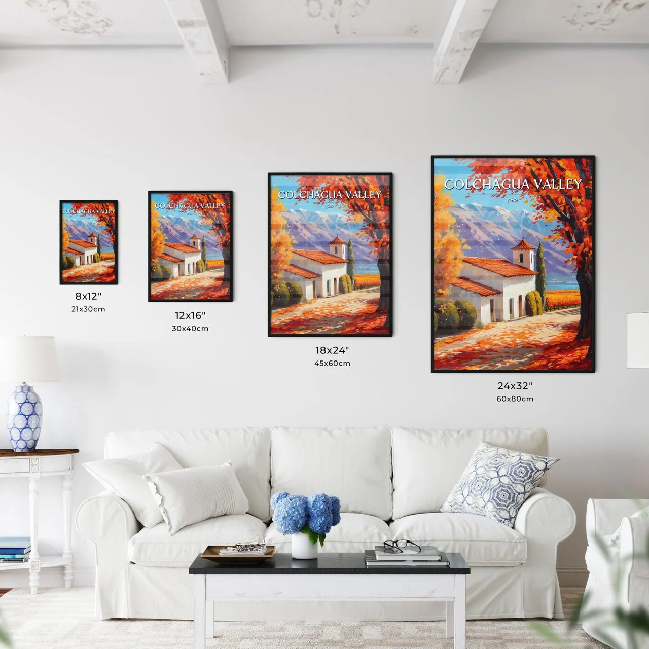 Colchagua Valley, Chile - Art print of a white building with orange leaves and trees in front of mountains Size Chart