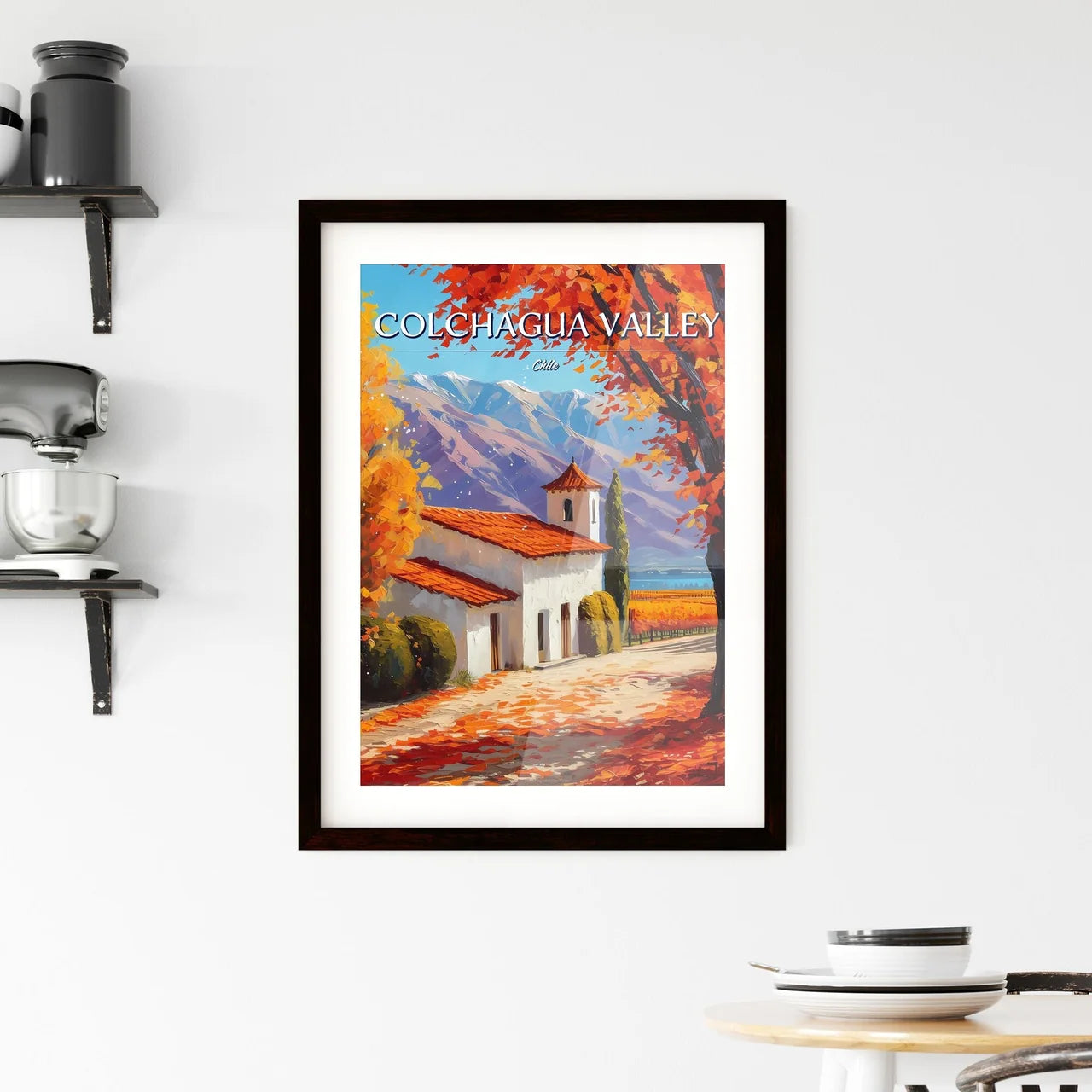 Colchagua Valley, Chile - Art print of a white building with orange leaves and trees in front of mountains Custom Print