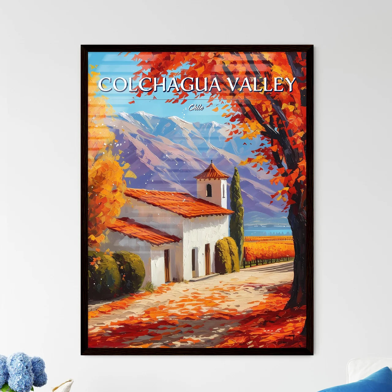 Colchagua Valley, Chile - Art print of a white building with orange leaves and trees in front of mountains Framed Art