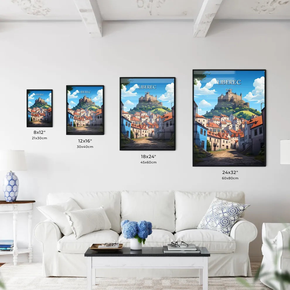 Liberec, Czechia - Art print of a castle on a hill Size Chart